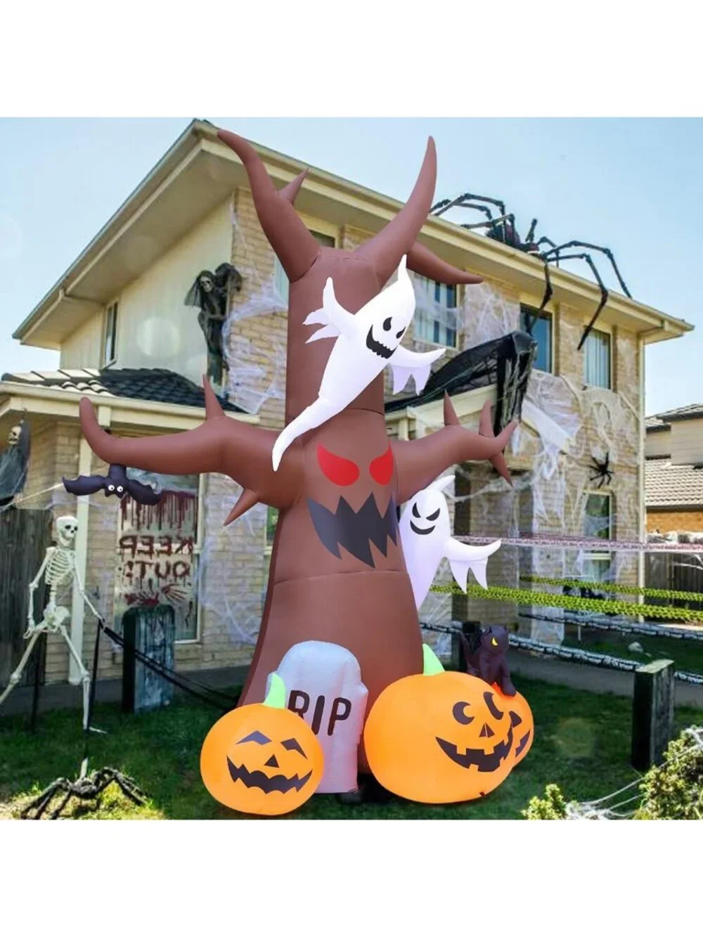 12 FT Halloween Inflatable Scary Dead Tree with Pumpkin & Ghost - LED Yard Decor